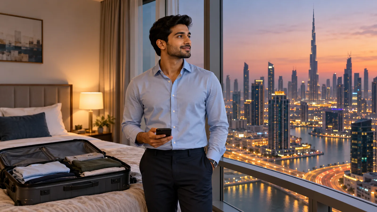 A South Asian professional holds a phone beside a half-packed suitcase in a Dubai apartment at dusk.
