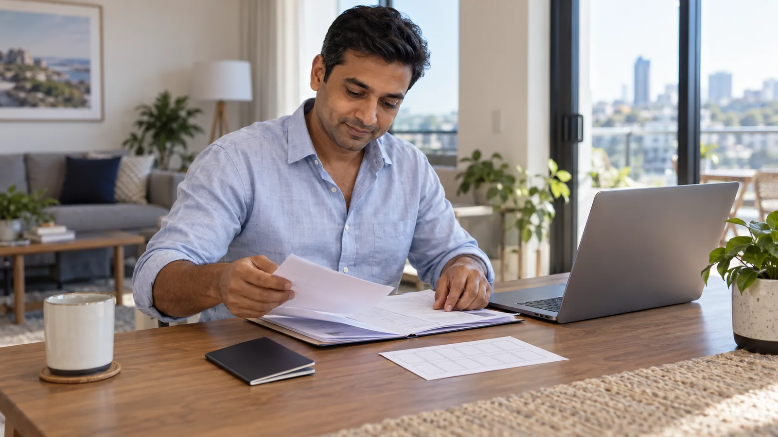 A South Asian man sorts papers beside a passport, blank fingerprint card and laptop at a sunlit desk at home.