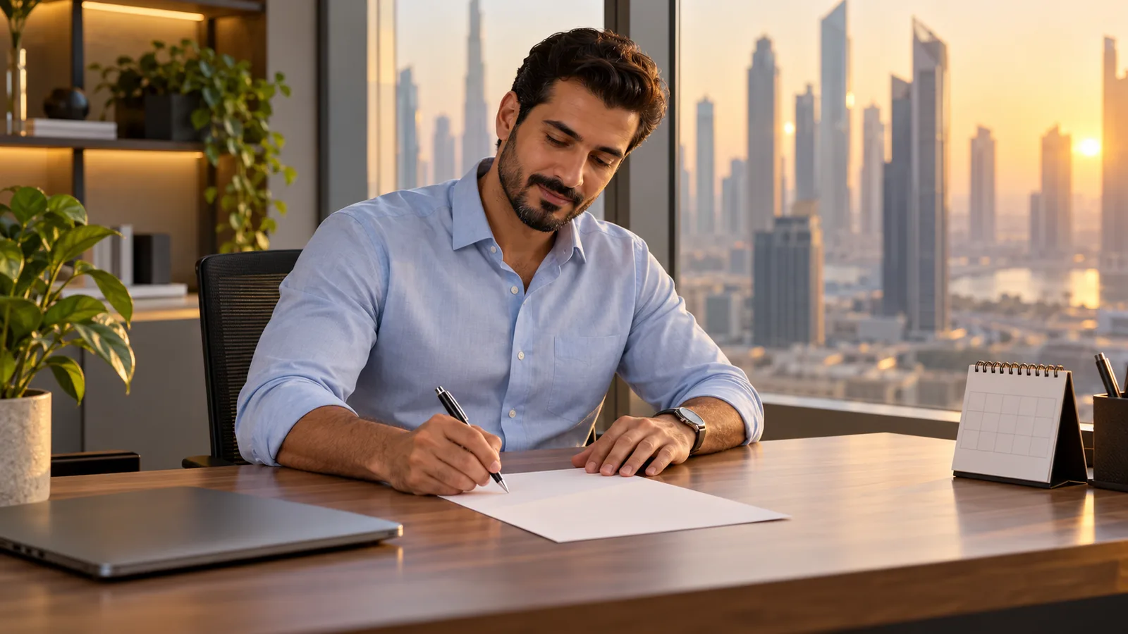 An Arab professional signs a letter beside a closed laptop and blank calendar in a sunlit Dubai office.