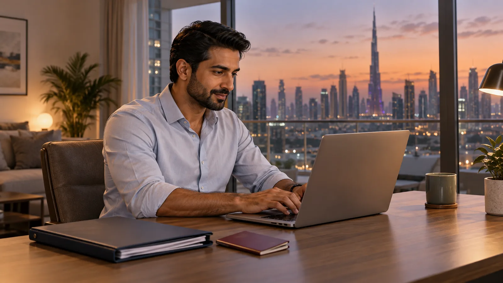 A South Asian man works on a laptop in a Dubai apartment at dusk, with a closed passport and folder on his desk.
