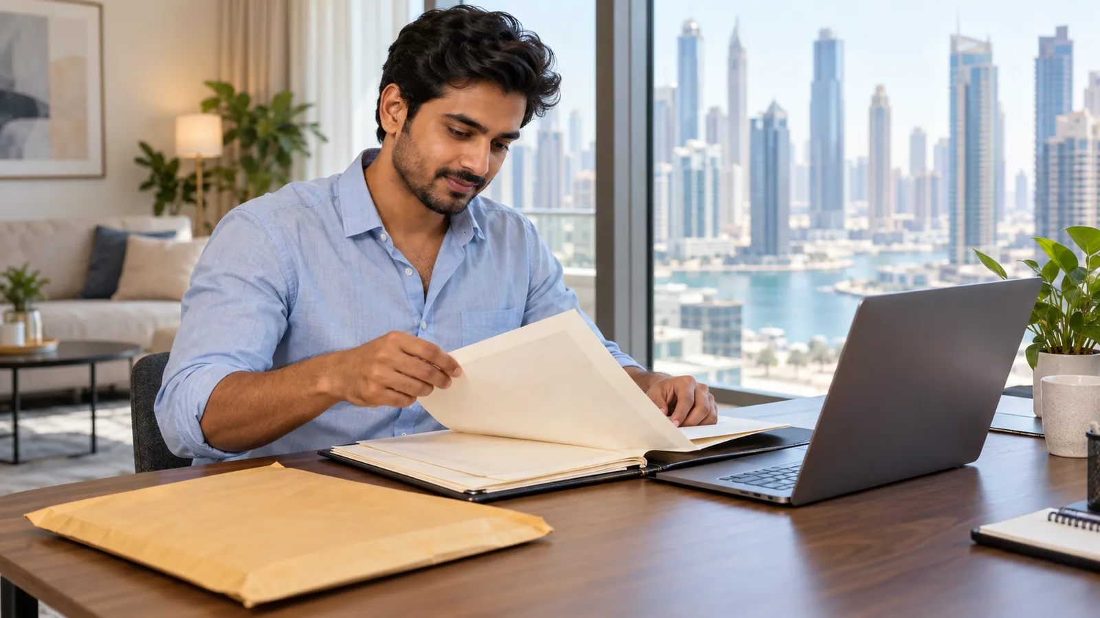 South Asian professional sorts papers beside a laptop and courier envelope in a bright Dubai apartment.