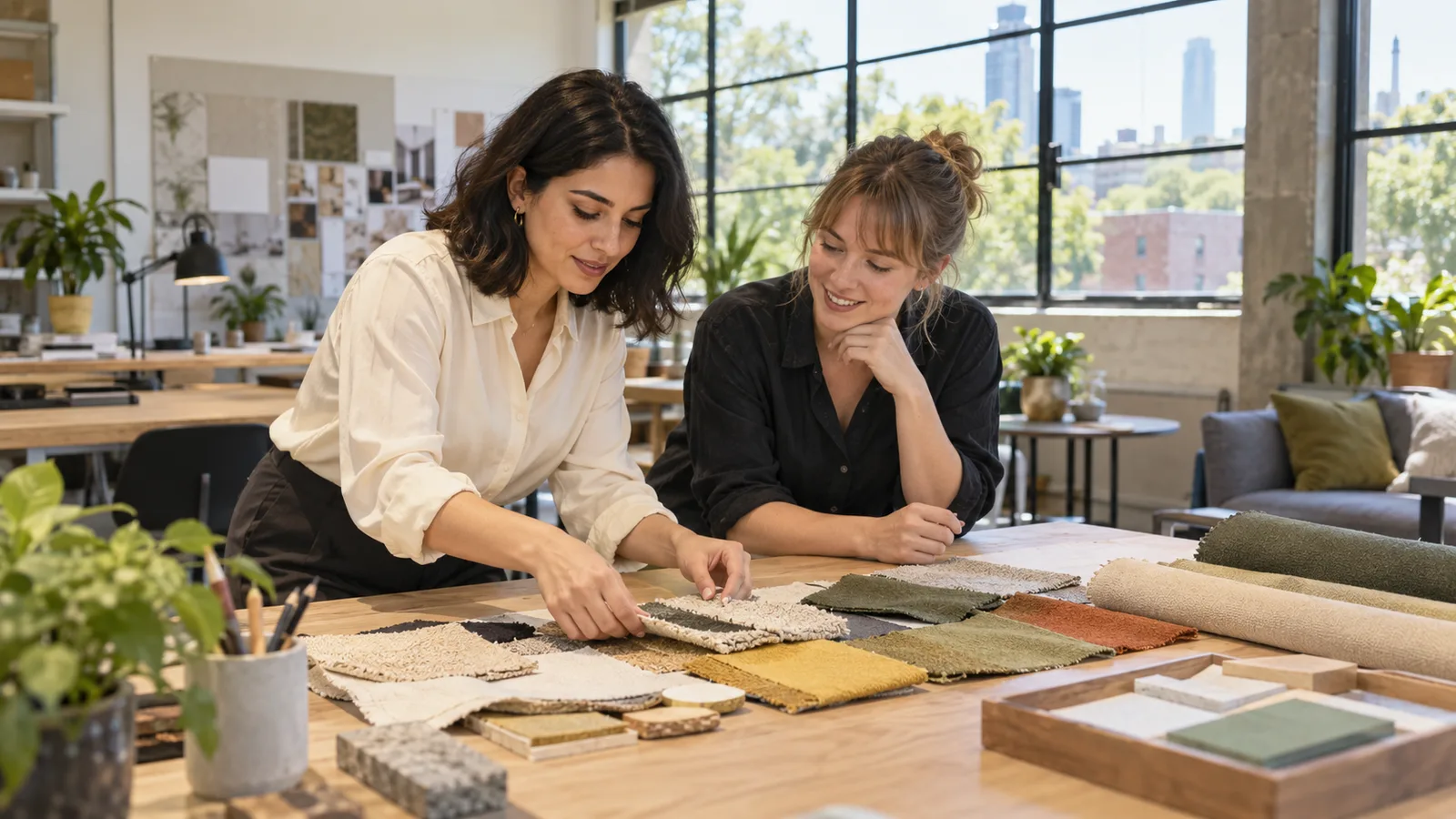 An Arab professional applies human judgement to fabric samples in an Australian design office.