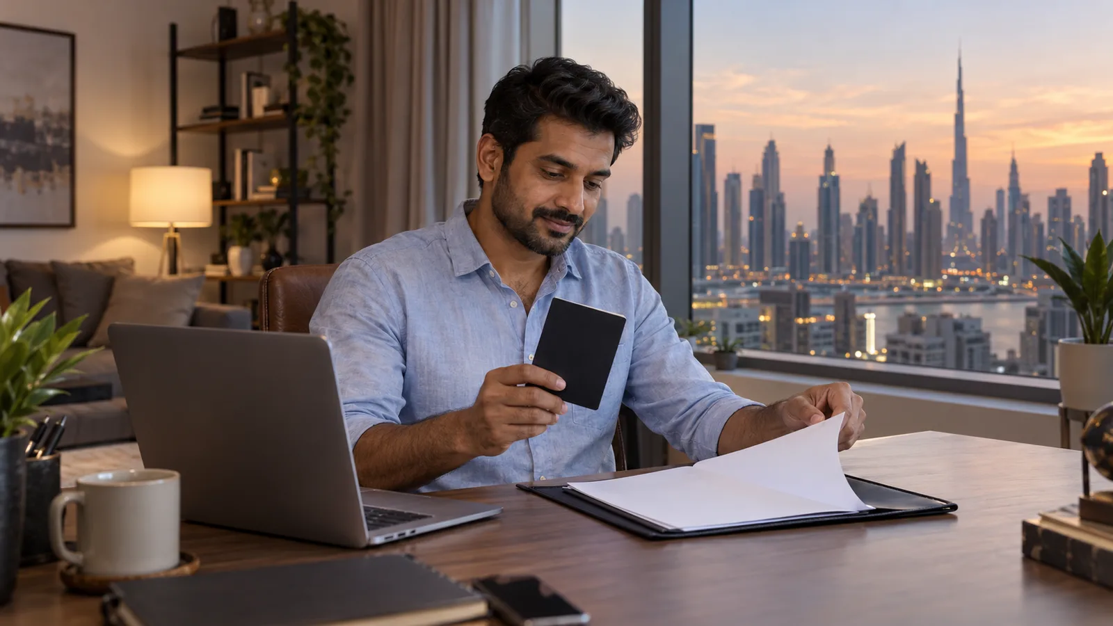 A South Asian professional organises a passport and documents beside a laptop overlooking Dubai at dusk.